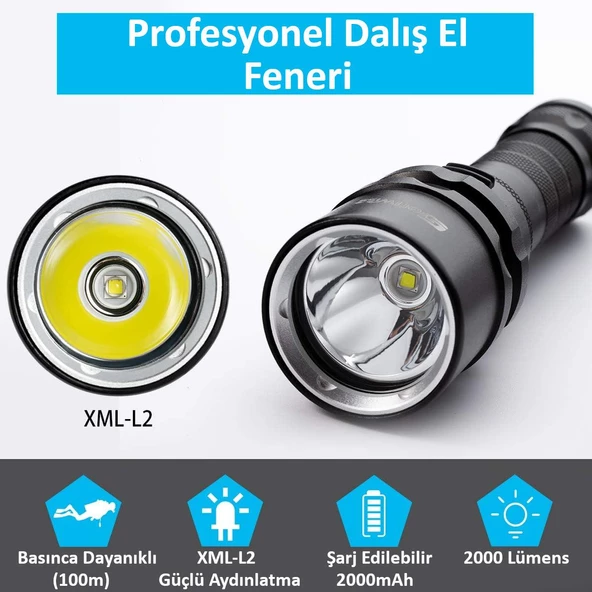 Valkyrie Şarjlı Profesyonel Su Altı Dalış Feneri Yüksek Aydınlatma Su Geçirmez Aluminyum Kasa 2000mAh Kutulu - 8