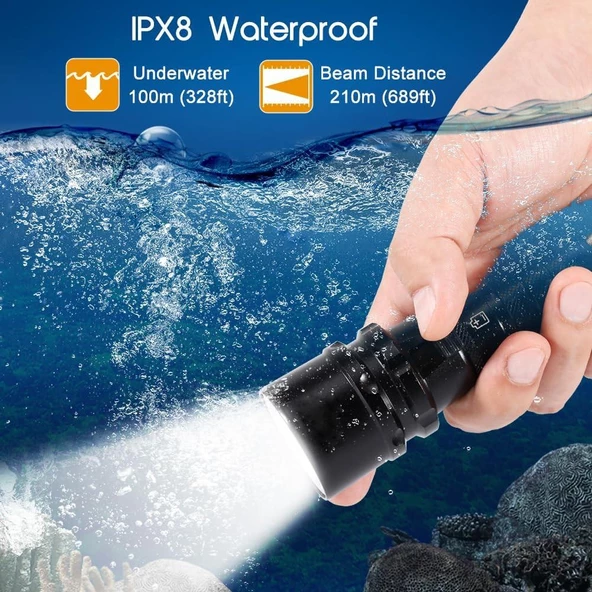 Valkyrie Şarjlı Profesyonel Su Altı Dalış Feneri Yüksek Aydınlatma Su Geçirmez Aluminyum Kasa 2000mAh Kutulu - 4