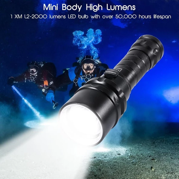 Valkyrie Şarjlı Profesyonel Su Altı Dalış Feneri Yüksek Aydınlatma Su Geçirmez Aluminyum Kasa 2000mAh Kutulu - 3