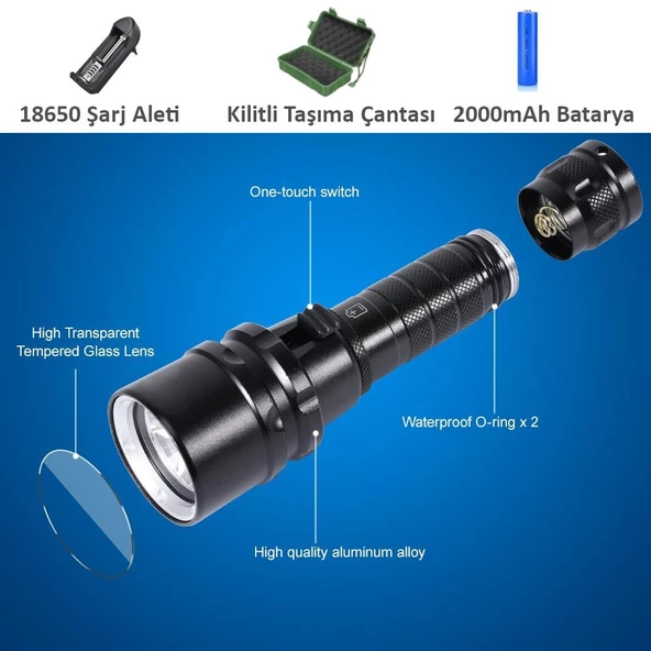 Valkyrie Şarjlı Profesyonel Su Altı Dalış Feneri Yüksek Aydınlatma Su Geçirmez Aluminyum Kasa 2000mAh Kutulu - 7