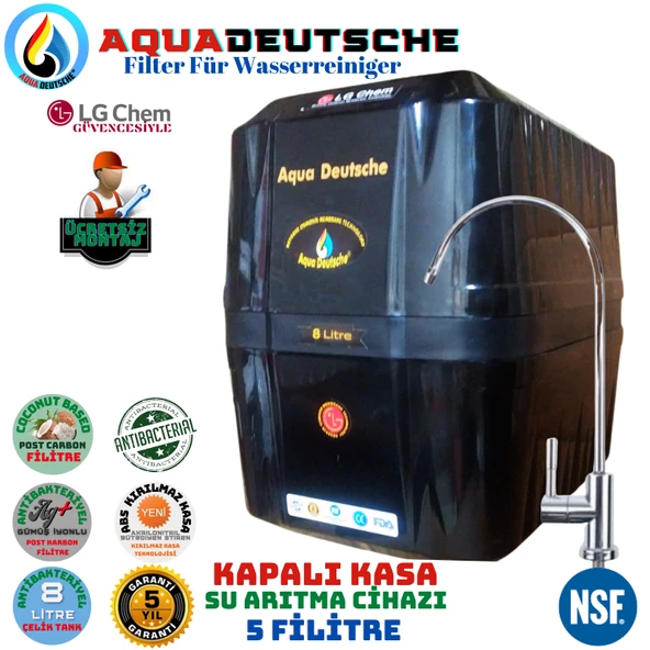AQUA DEUTSCHE PREMIUM SİYAH MONTAJ DAHİL 8 LİTRE 5 FİLTRE 10 AŞAMA SU ARITMA CİHAZI