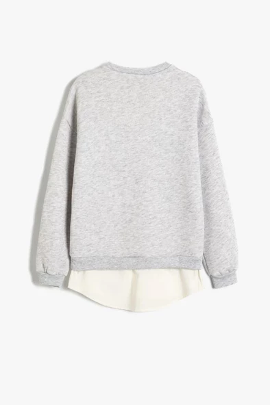 Koton Kız Çocuk Sweatshirt Baskılı Bisiklet Yaka Gömlek Etek Ucu Detaylı Şardonlu - 5