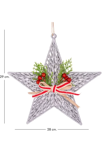 Yılbaşı Süsü Yılbaşı Dekorlu Yıldız Fiyonklu Berryli Gümüş 28x29 Cm - Resim 4
