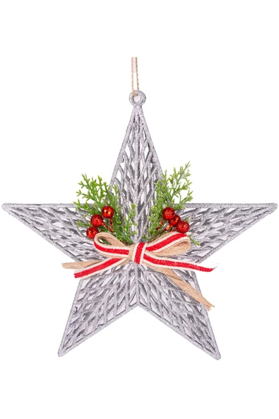 Yılbaşı Süsü Yılbaşı Dekorlu Yıldız Fiyonklu Berryli Gümüş 28x29 Cm ürün görseli