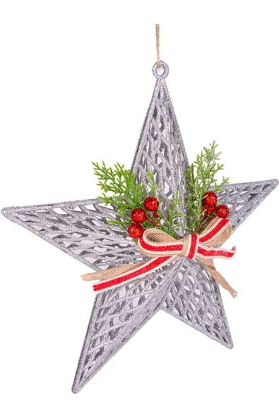 Yılbaşı Süsü Yılbaşı Dekorlu Yıldız Fiyonklu Berryli Gümüş 28x29 Cm - Resim 3