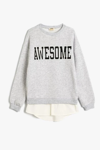 Koton Kız Çocuk Sweatshirt Baskılı Bisiklet Yaka Gömlek Etek Ucu Detaylı Şardonlu - 4