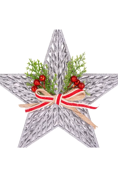 Yılbaşı Süsü Yılbaşı Dekorlu Yıldız Fiyonklu Berryli Gümüş 28x29 Cm - Resim 2