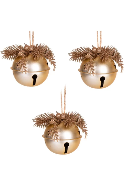 Yılbaşı Ağaç Süsü Çıngıraklı Yılbaşı Topu 3lü Set Simli Berry Süslü Gold 8cm ürün görseli