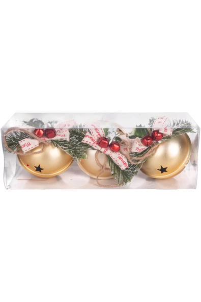 Yılbaşı Ağaç Süsü Çıngıraklı Yılbaşı Topu 3lü Set Gold 8Cm - 2