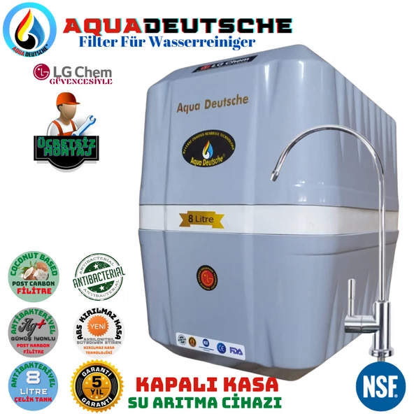 AQUA DEUTSCHE PREMIUM GRİ BEYAZ MONTAJ DAHİL 8 LİTRE 5 FİLTRE 10 AŞAMA SU ARITMA CİHAZI