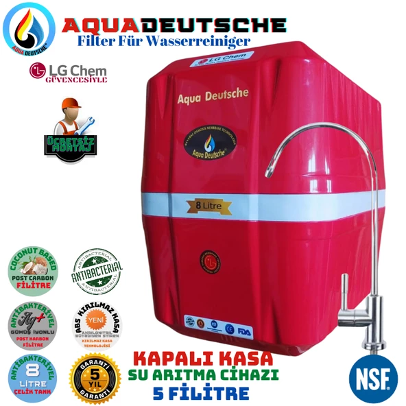AQUA DEUTSCHE PREMIUM KIRMIZI BEYAZ MONTAJ DAHİL 8 LİTRE 5 FİLTRE 10 AŞAMA SU ARITMA CİHAZI ürün görseli