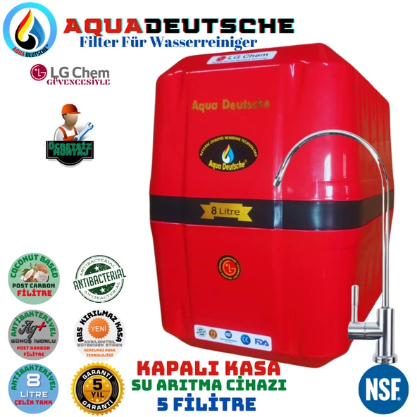 AQUA DEUTSCHE PREMIUM KIRMIZI SİYAH MONTAJ DAHİL 8 LİTRE 5 FİLTRE 10 AŞAMA SU ARITMA CİHAZI