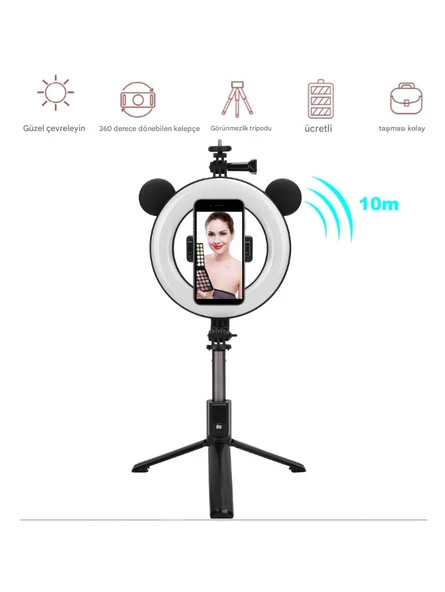 Halka Dolgulu Işık Uzaktan Kumandalı Youtube Tiktok  Vlog Makyaj Canlı Telefonu Tutucu Selfie Çubuğu - 2