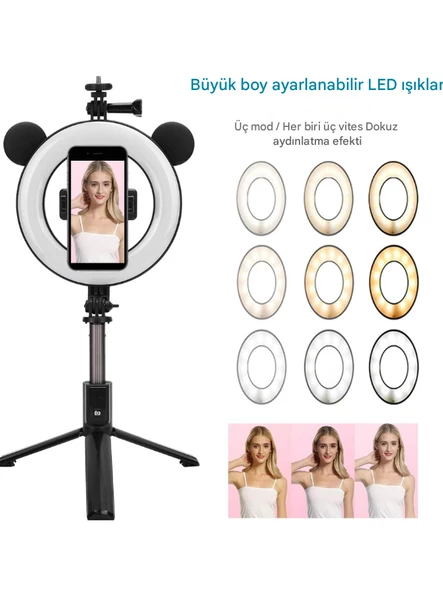 Halka Dolgulu Işık Uzaktan Kumandalı Youtube Tiktok  Vlog Makyaj Canlı Telefonu Tutucu Selfie Çubuğu - 5