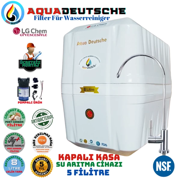 AQUA DEUTSCHE PREMIUM BEYAZ POMPALI MONTAJ DAHİL 8 LİTRE 5 FİLTRE 10 AŞAMA SU ARITMA CİHAZI