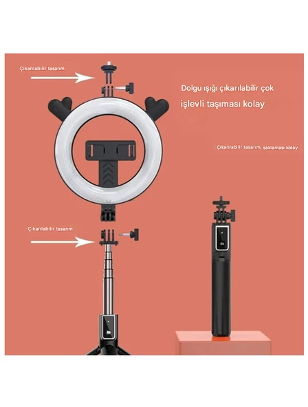 Halka Dolgulu Işık Uzaktan Kumandalı Youtube Tiktok  Vlog Makyaj Canlı Telefonu Tutucu Selfie Çubuğu - 3