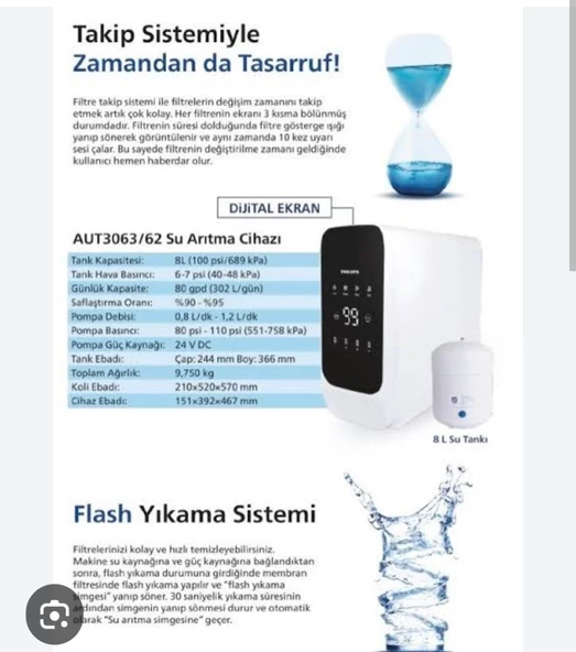 Philips Aut3063/62 Dijital Pompalı Su Arıtma Cihazı 8lt çelık tanklı