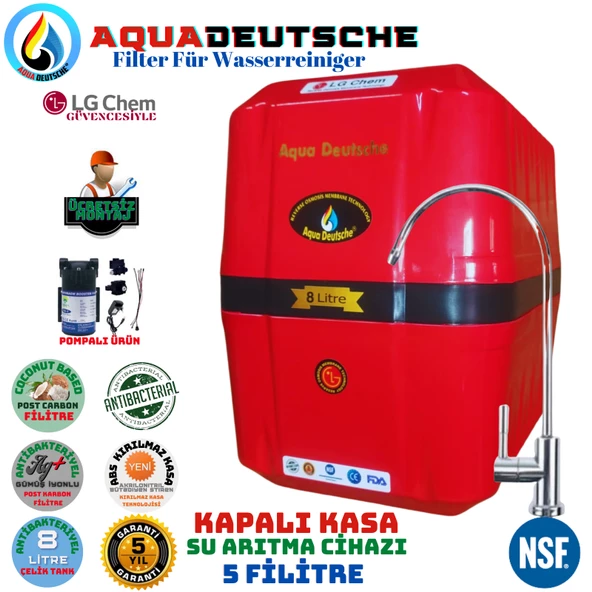 AQUA DEUTSCHE PREMIUM KIRMIZI POMPALI MONTAJ DAHİL 8 LİTRE 5 FİLTRE 10 AŞAMA SU ARITMA CİHAZI ürün görseli