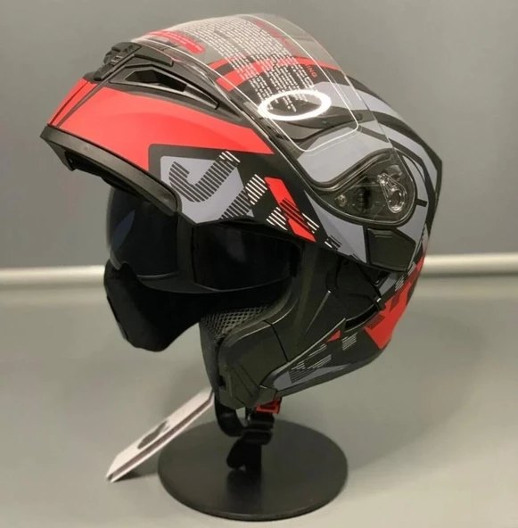 KC 902 Full Face Çene Açılır Güneş Vizörlü Motosiklet Kaskı L Beden Siyah Kırmızı Gri - 9