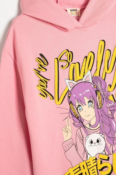Koton Kız Çocuk Oversize Kapşonlu Sweatshirt Anime Baskılı Uzun Kollu - 3
