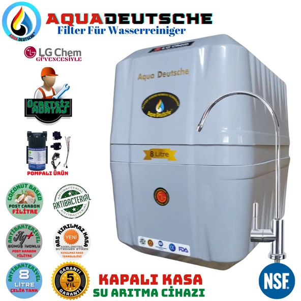 AQUA DEUTSCHE PREMIUM GRİ POMPALI MONTAJ DAHİL 8 LİTRE 5 FİLTRE 10 AŞAMA SU ARITMA CİHAZI