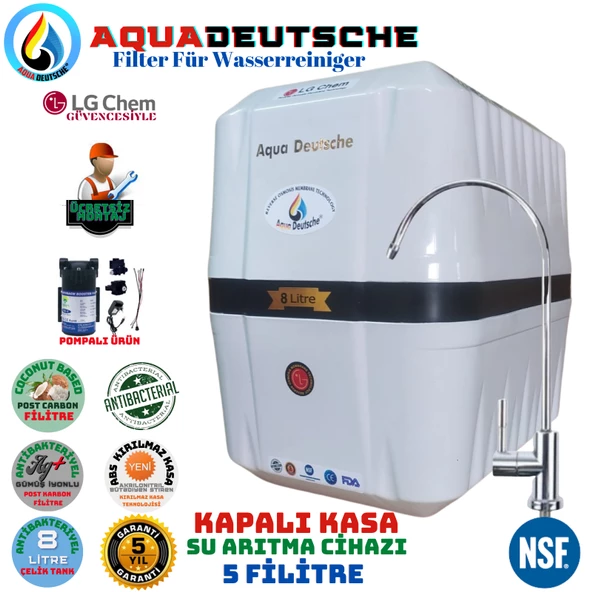 AQUA DEUTSCHE PREMIUM BEYAZ SİYAH POMPALI MONTAJ DAHİL 8 LİTRE 5 FİLTRE 10 AŞAMA SU ARITMA CİHAZI