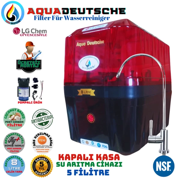 AQUA DEUTSCHE PREMIUM KIRIMIZI-SİYAH POMPALI MONTAJ DAHİL 8 LİTRE 5 FİLTRE 10 AŞAMA SU ARITMA CİHAZI ürün görseli
