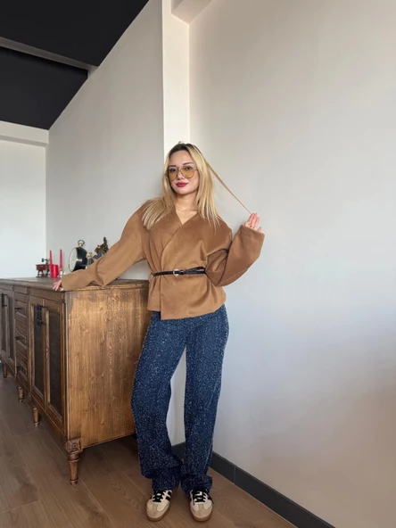 Kadın Kemerli Kaşe Hırka Camel - 4