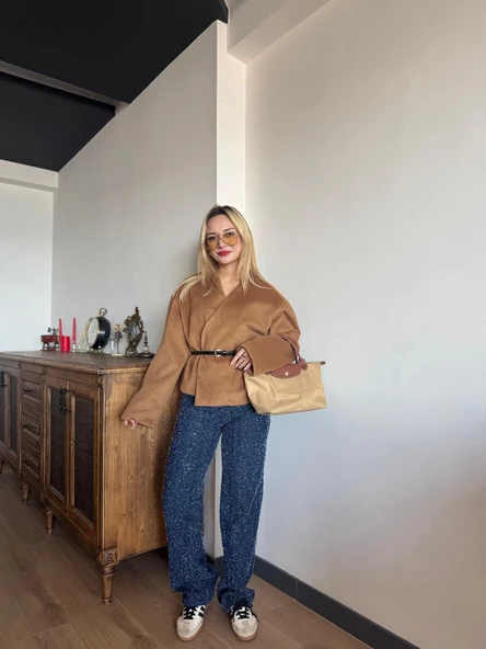 Kadın Kemerli Kaşe Hırka Camel - 3