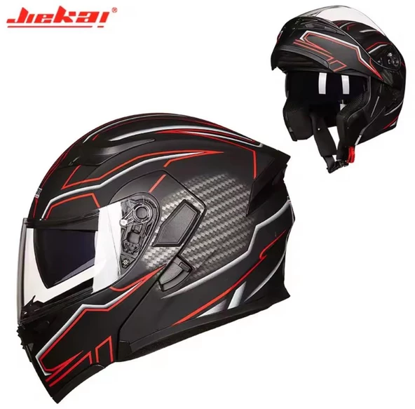 KC 902 Full Face Çene Açılır Güneş Vizörlü Motosiklet Kaskı L Beden Siyah Kırmızı Karbon - 6