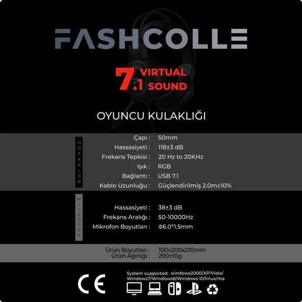 Fashcolle 7.1 Virtual Surround Rgb Profesyonel Oyuncu Kulaklığı (FC8100B) - 7