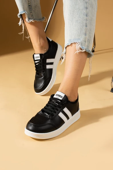 Pembe Potin Şerit Detaylı Bağcıklı Rahat Taban Kadın Sneakers 001-1004-24 - 4