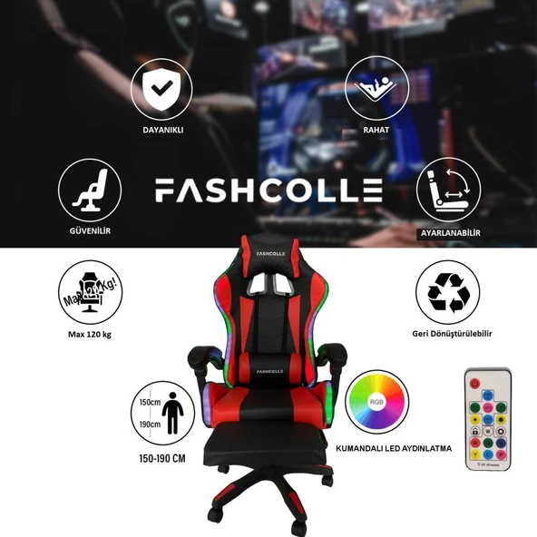 Fashcolle Red Star Işıklı - Masaj Özellikli Oyuncu Koltuğu Kırmızı-Siyah - 6