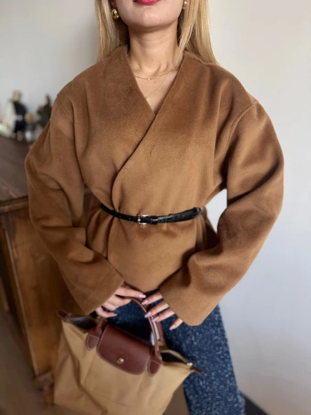 Kadın Kemerli Kaşe Hırka Camel - 2