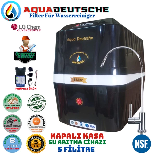 AQUA DEUTSCHE PREMIUM SİYAH BEYAZ POMPALI MONTAJ DAHİL 8 LİTRE 5 FİLTRE 10 AŞAMA SU ARITMA CİHAZI