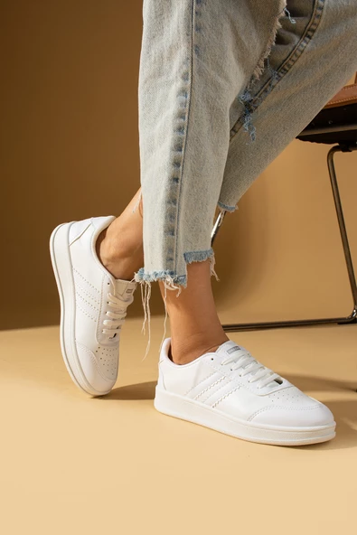 Pembe Potin Şerit Detaylı Bağcıklı Rahat Taban Kadın Sneakers 001-1004-24 - 3