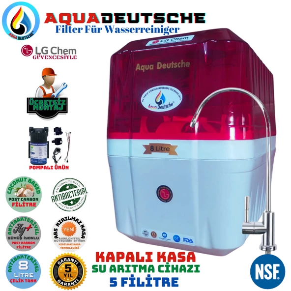 AQUA DEUTSCHE PREMIUM KIRMIZI-BEYAZ POMPALI MONTAJ DAHİL 8 LİTRE 5 FİLTRE 10 AŞAMA SU ARITMA CİHAZI - 1