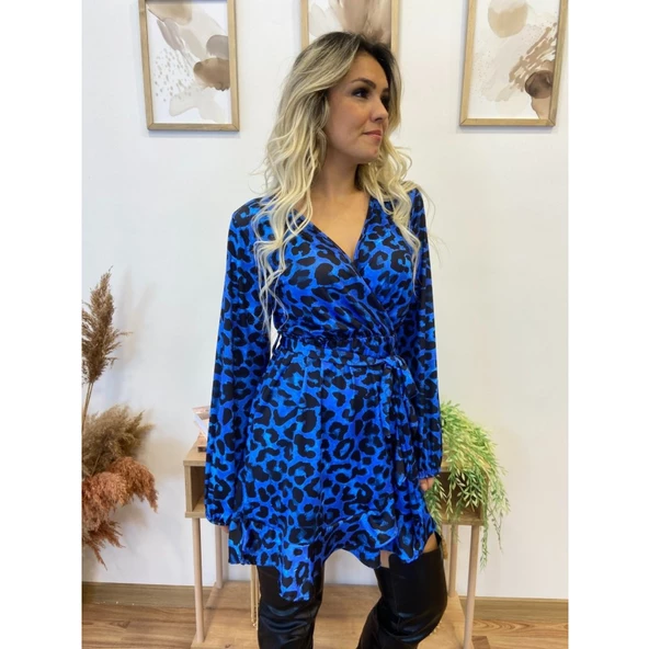 Lucky Life Kadın Uzun Kollu Kruvaze Yaka Belden Kuşaklı Leopar Desenli Dalgıç Elbise - 3