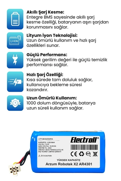 Arzum Robotek X2 AR4301 Robot Süpürge Bataryası (YÜKSEK KAPASİTE) 3200mAh Robot Süpürge Pil - 2