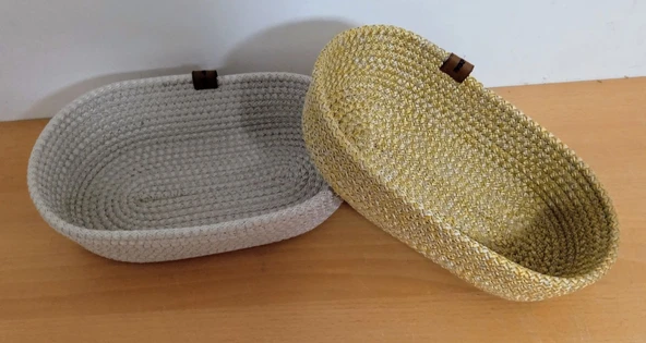 2'li EV BANYO OVAL HASIR SEPET KREM & GOLD JÜT KORDON İP ÖRME DİKİŞ ÇOK AMAÇLI HAVLU DÜZENLEYİCİ ORGANİZER - 2