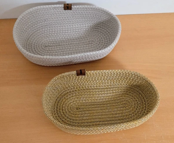 2'li EV BANYO OVAL HASIR SEPET KREM & GOLD JÜT KORDON İP ÖRME DİKİŞ ÇOK AMAÇLI HAVLU DÜZENLEYİCİ ORGANİZER