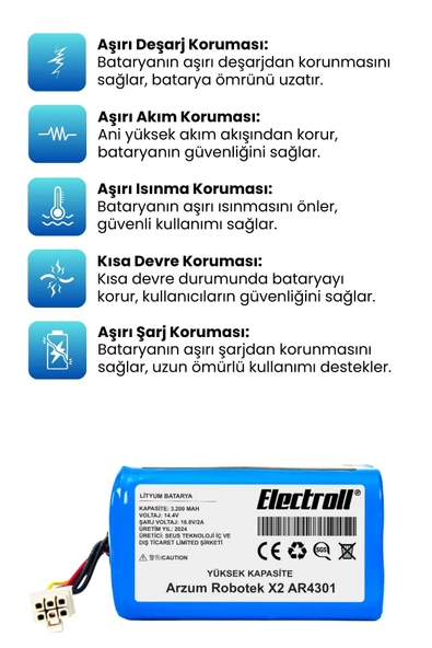 Arzum Robotek X2 AR4301 Robot Süpürge Bataryası (YÜKSEK KAPASİTE) 3200mAh Robot Süpürge Pil - 3