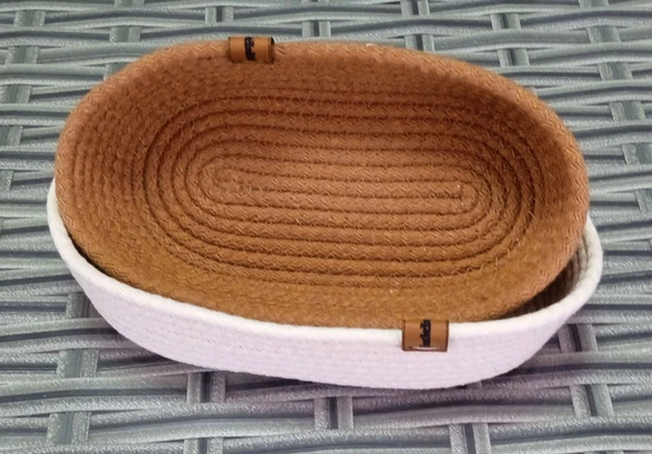 2'li EV BANYO OVAL HASIR SEPET KREM&KAHVE JÜT KORDON İP ÖRME DİKİŞ ÇOK AMAÇLI HAVLU DÜZENLEYİCİ ORGANİZER - 2