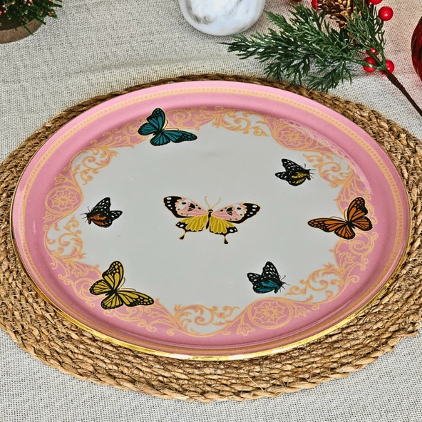 Glore Butterfly Effect Altın Yaldızlı Cam Tepsi (Pembe) - 2