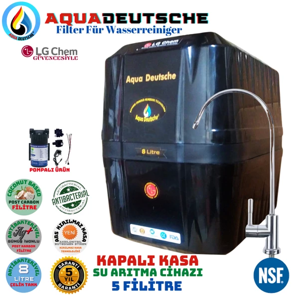 AQUA DEUTSCHE PREMIUM SİYAH POMPALI 8 LİTRE 5 FİLTRE 10 AŞAMA SU ARITMA CİHAZI ürün görseli
