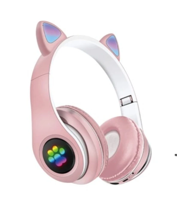 P33m Kart Girişli FM Radyolu  Led Işıklı Kablosuz ve Kablolu Bluetooth Kedi Kulaklık 5.0V - 3