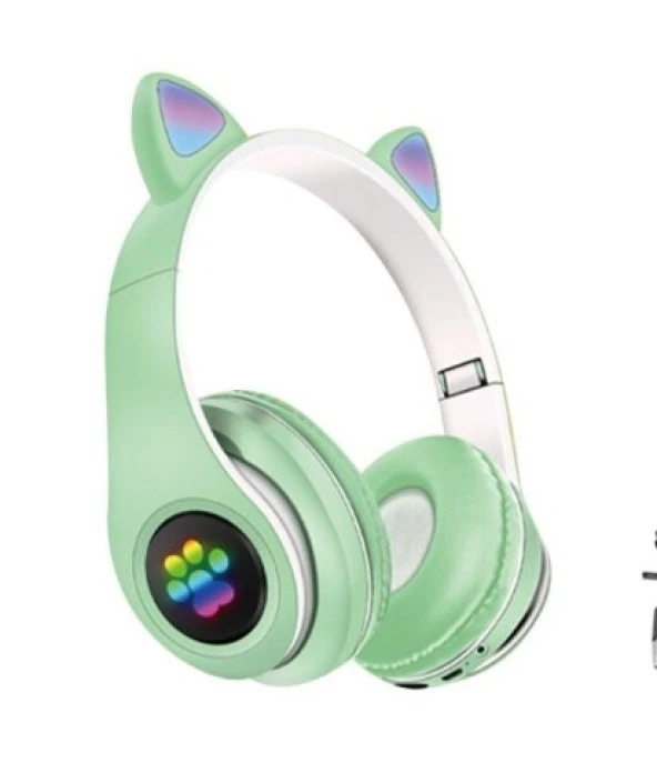 P33m Kart Girişli FM Radyolu  Led Işıklı Kablosuz ve Kablolu Bluetooth Kedi Kulaklık 5.0V - 4