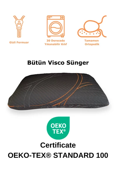 Rudu Ortopedik, Siyah Kılıf Visco Visko Bütün Sünger Yastık 60x40x15 cm 1250 gr Omuz/Boyun Destekli