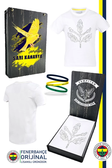 Fenerbahçe Orijinal Palamut Logo Sıfır Yaka Çocuk T-Shirt Spor Bileklik Hediyelik Set Ahşap Kutulu - 1
