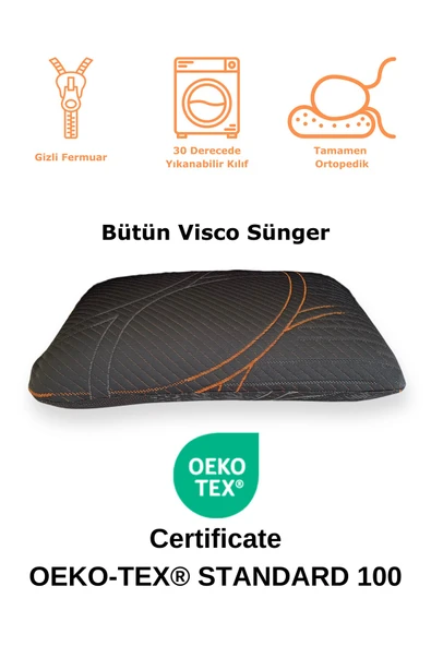 Rudu Ortopedik, Siyah Kılıf Visco Visko Bütün Sünger Yastık 60x40x15 cm 1250 gr Omuz/Boyun Destekli
